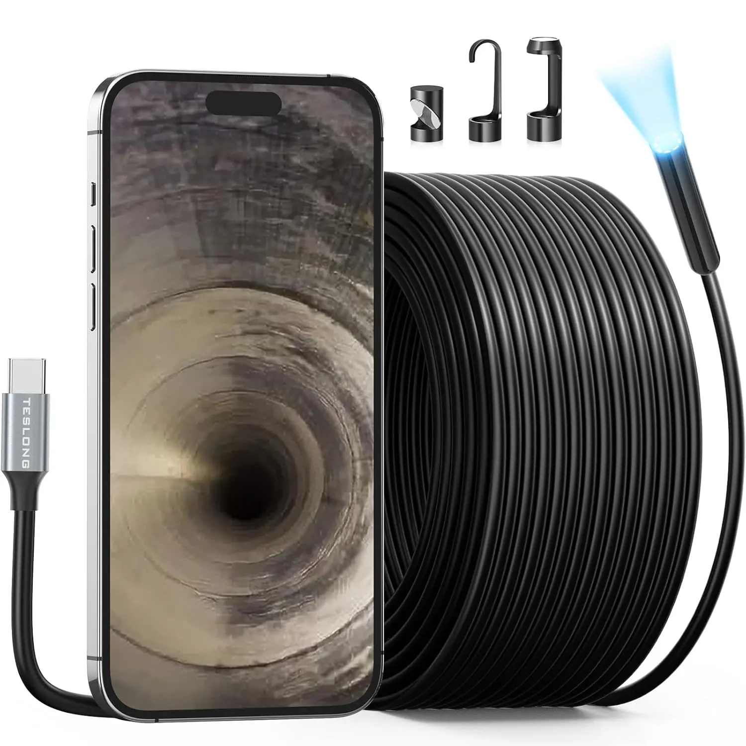 50FT USB-C Borescope Camera with Light, Only  with iPhone 15/16/17 Android Phones, 50 ft Flexible Waterproof Endoscope DIY Pipe Inspection with Drain Snake