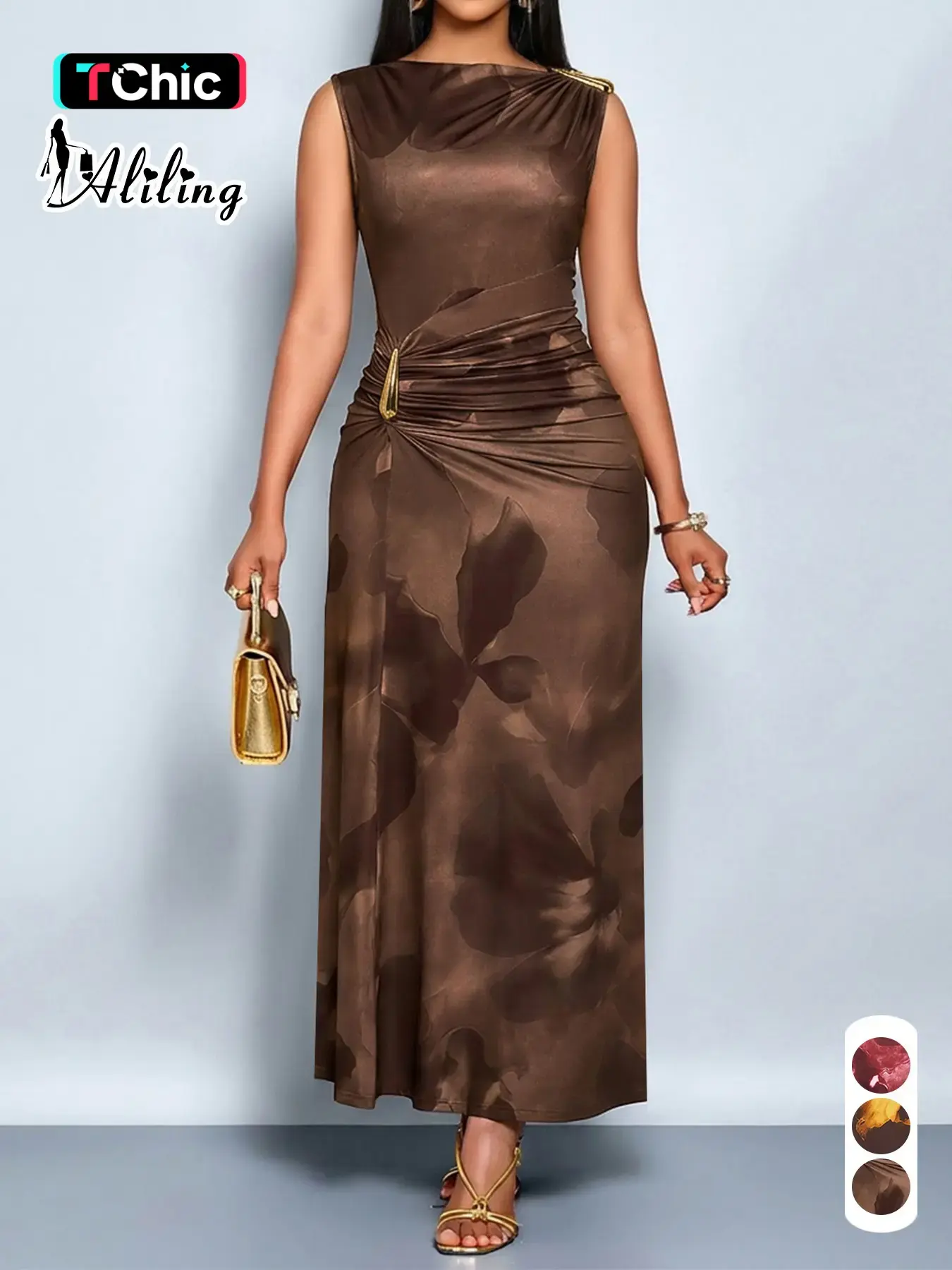 Aliling Printed Women Maxi Dress, Formal Evening Dresses, Boat Neck Sleeveless Fitted Waist, Elegant for Party and Dinner for All Season Wear Women's Clothing
