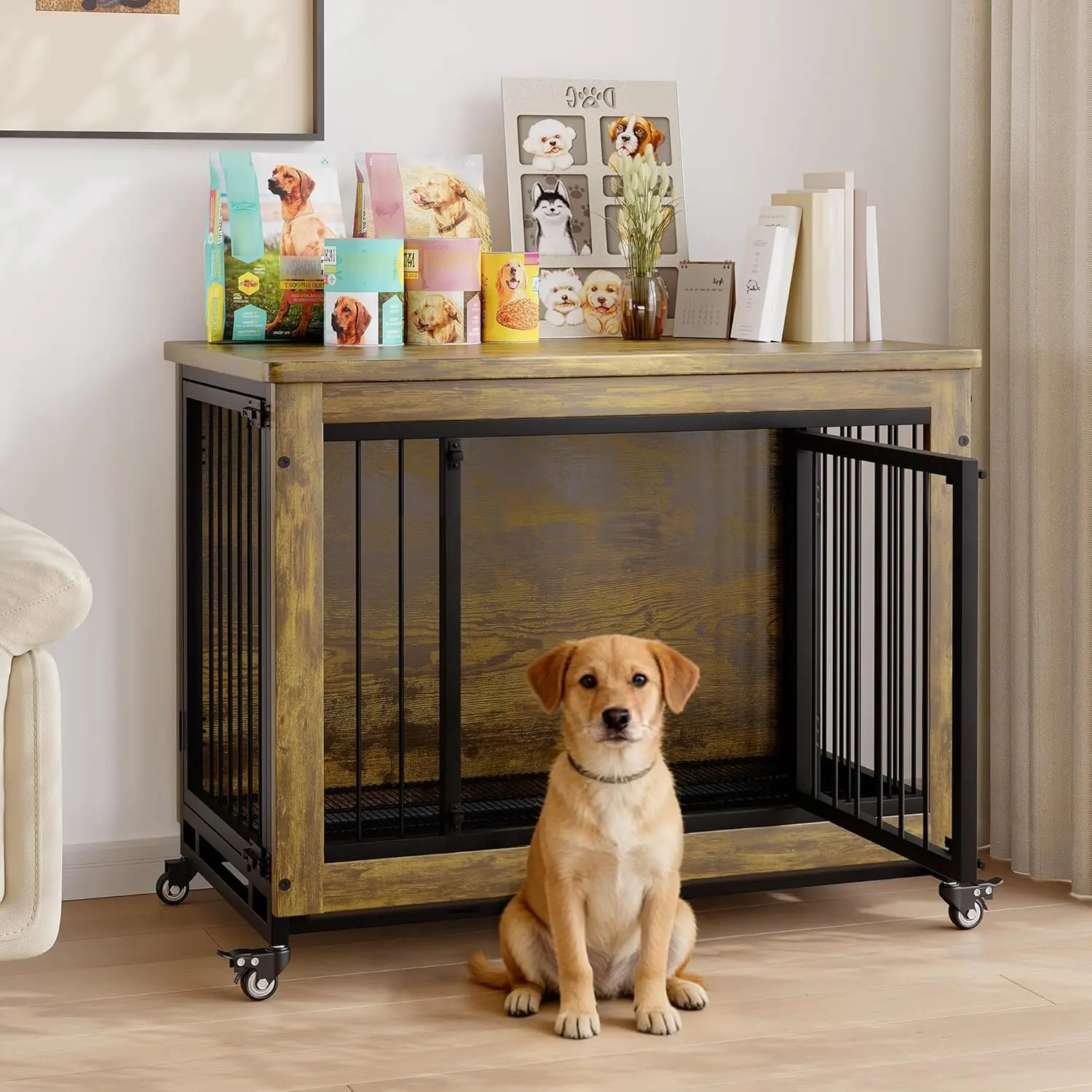 Indoor Wooden Pet Kennel - Side/Bedside Table for Bedroom & Living Room, Modern Rustic Double Door Small-Medium Dog Crate with Lockable Rolling Wheels, Removable Easy-Clean Tray