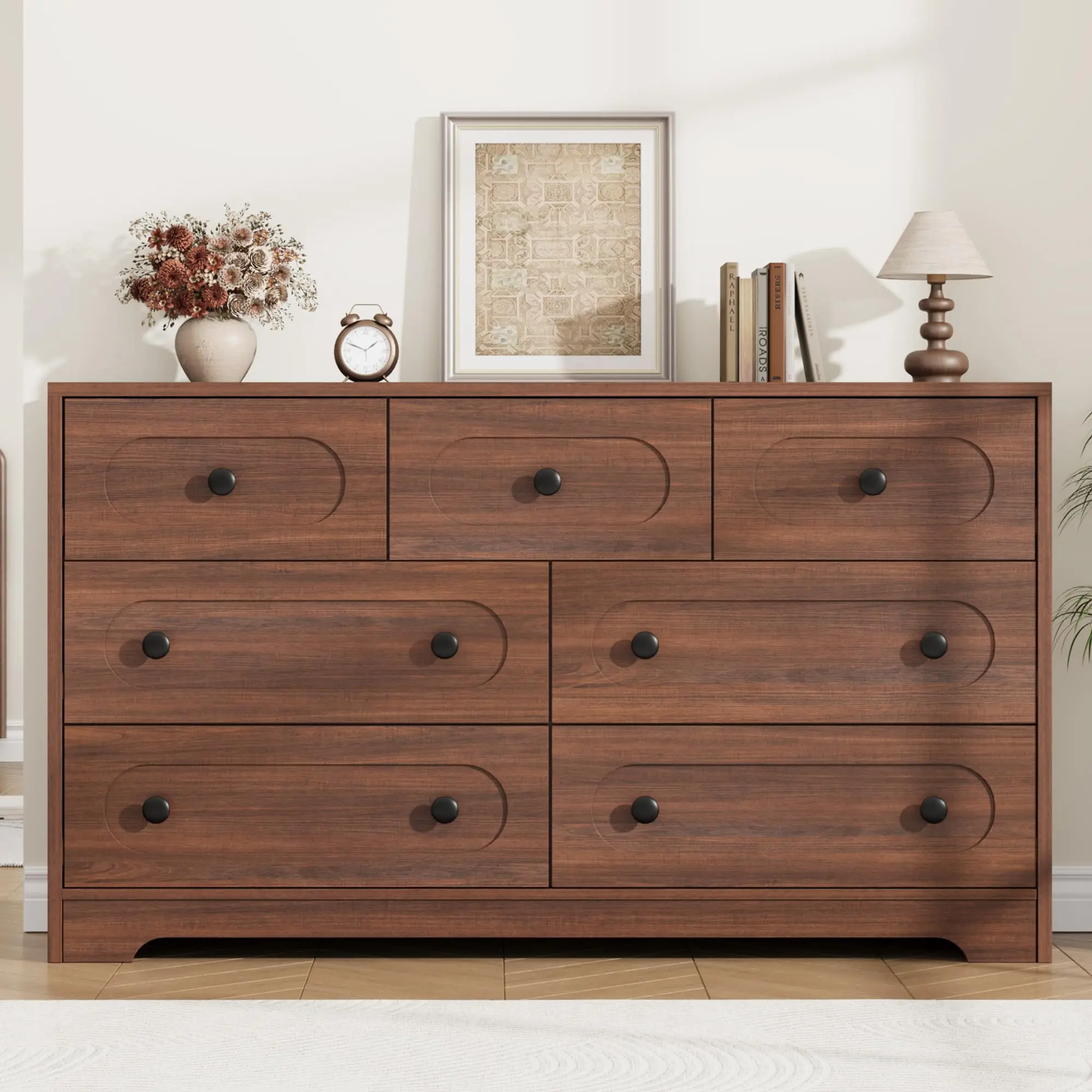 Mid Century Dresser – 55" Wide Wooden Chest, 7/8 Deep Drawers, Metal Knobs – Boho Vintage Storage – Natural/Walnut Finish