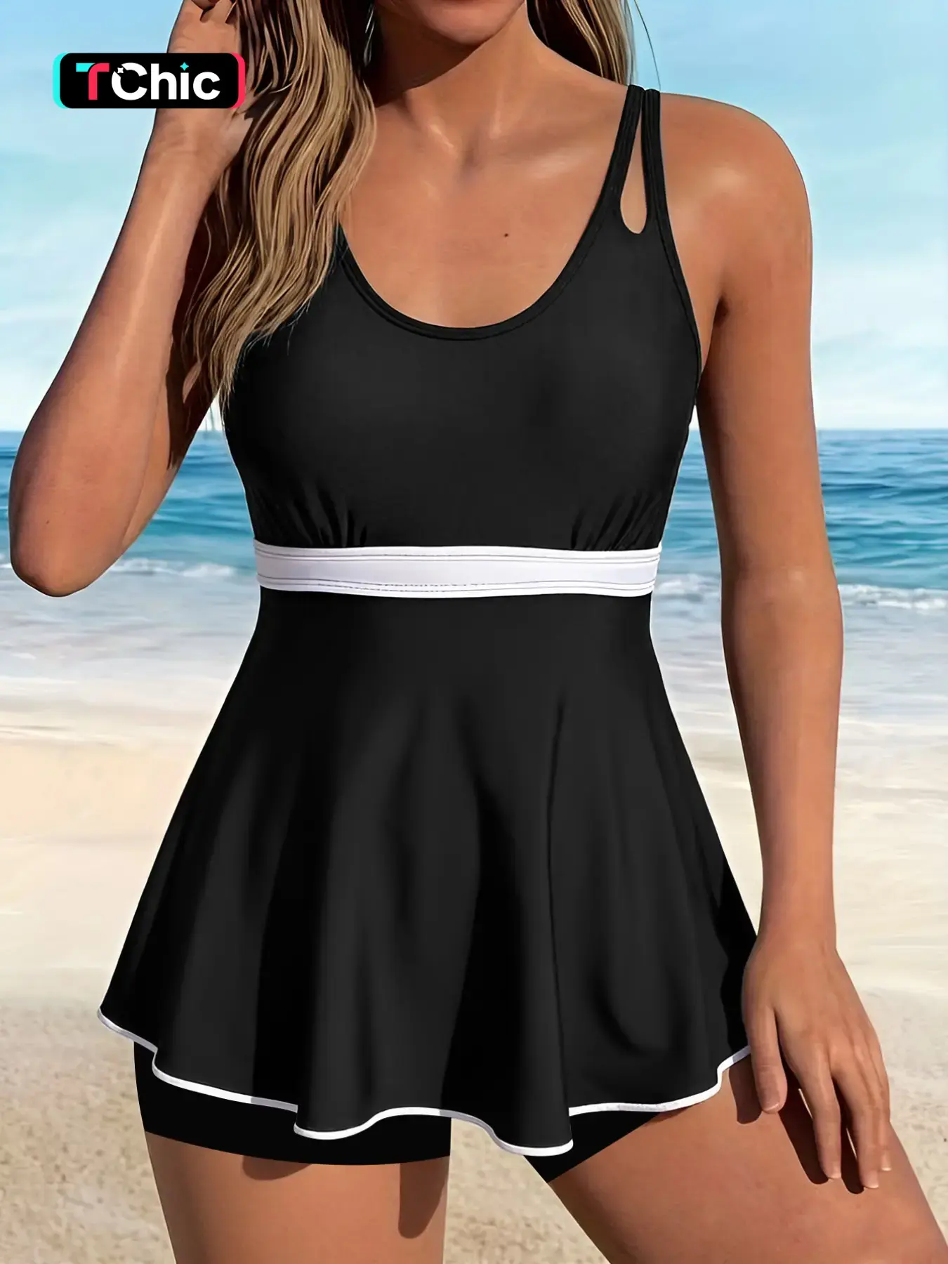 Summer New Colorblock Women's Skirt Swimsuit, Slimming Conceal Straps, Matching Briefs, Beach Vacation, Conservative Style, Beachwear Skirted Swim Dress, Chic Swimwear, Strappy Swim Dress