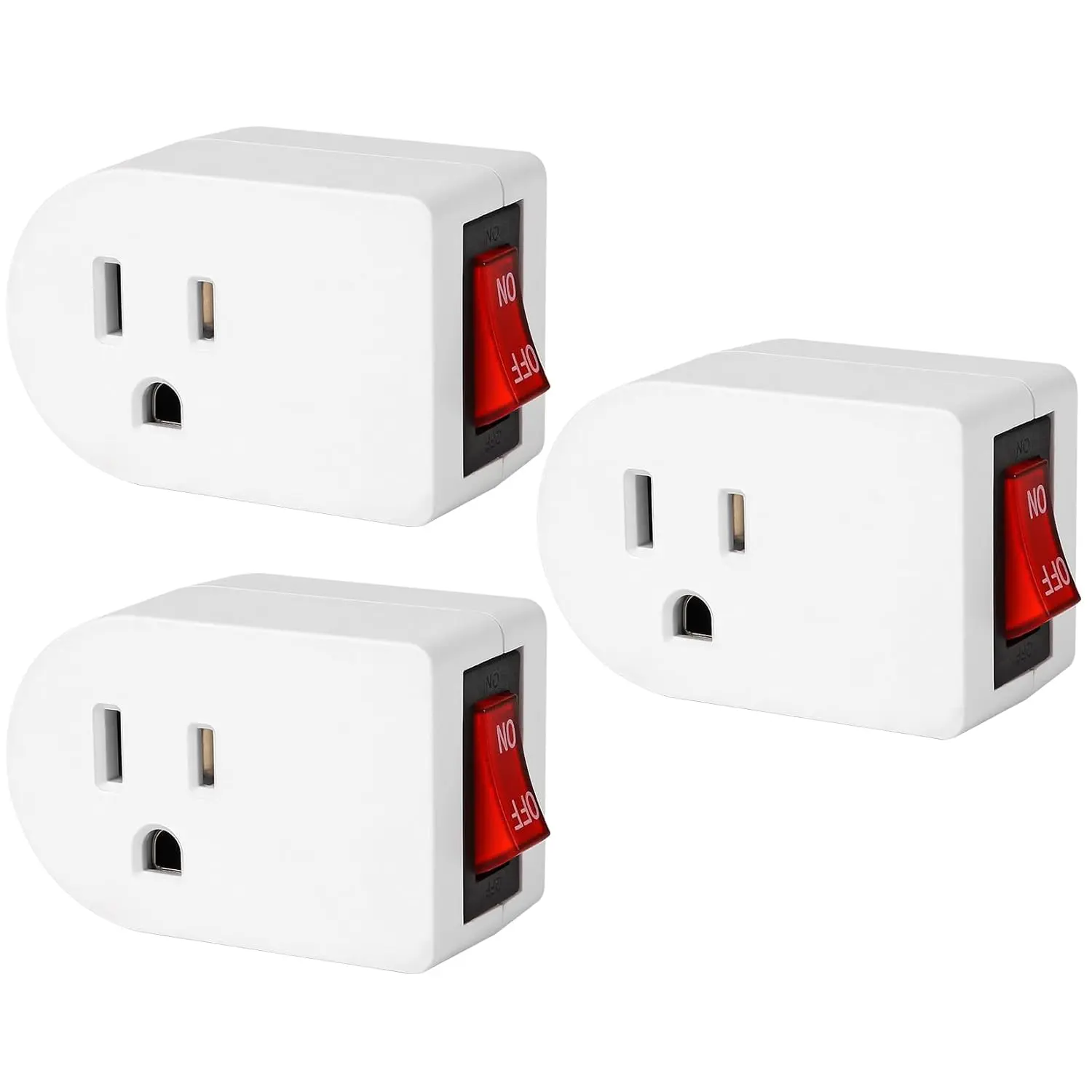 White 3-Pack Compact Indoor Grounded Wall Tap Adapter, 3-Prong Plug, Single-Port Outlet with On/Off Switch, 15A 1875W, ETL Listed