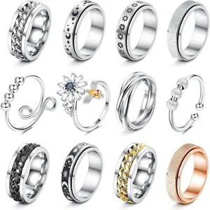 12Pcs Fidget Anxiety Rings for Women Men - Spinner Fidget Rings for Anxiety Relieving Stress Flower Moon Star Stainless Steel Rings Adjustable Size 6fidget toys
