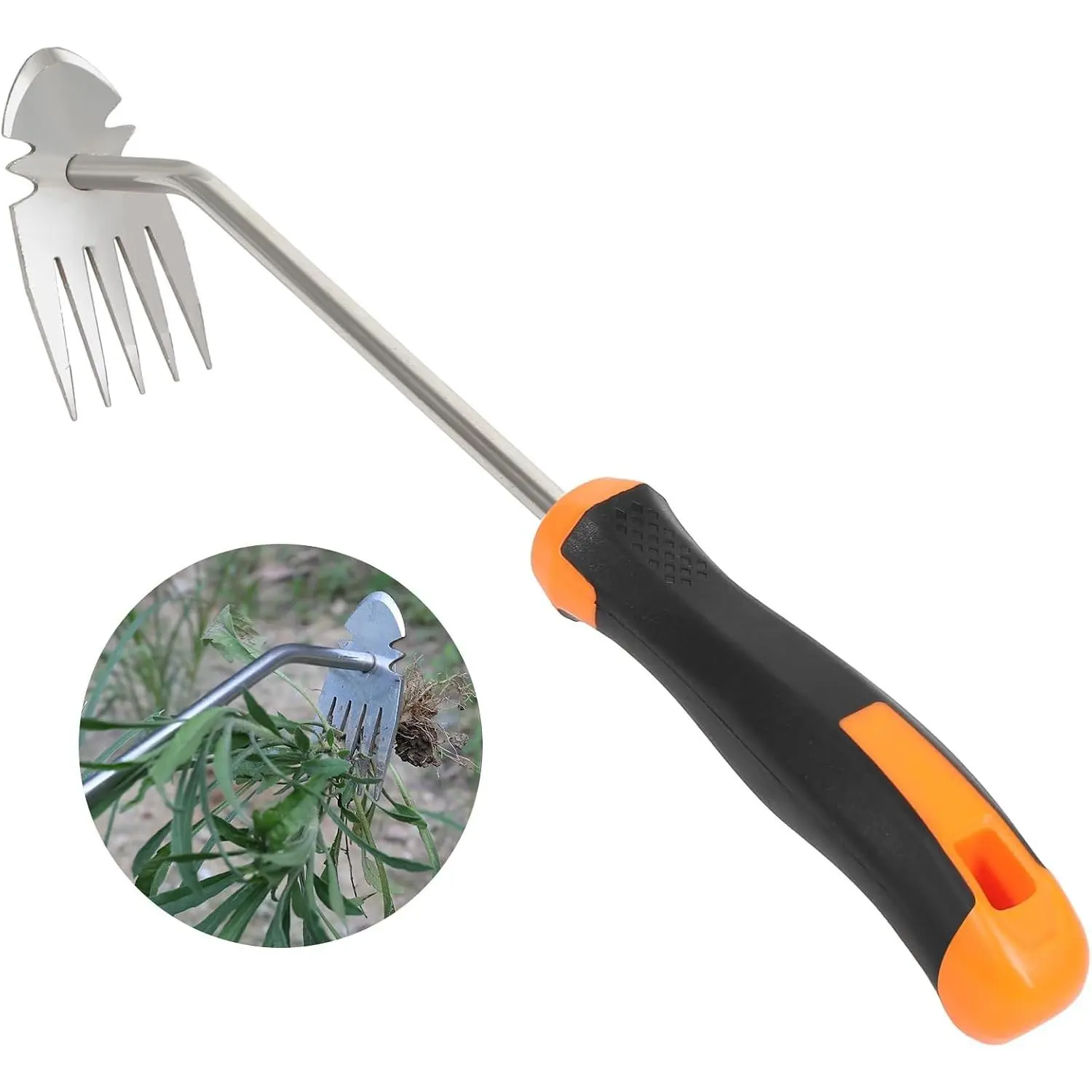 Weed Removal Tool, New Garden Weeding Tools Manganese Steel Hand Weeder Tool with Handle, 5 Teethes Dual Purpose Manual Weeders Tool Weed Tool for Garden (Rubber Handle)