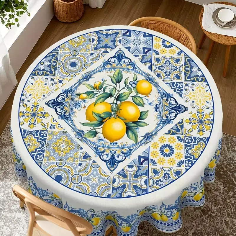 2D Flat Party Tablecloth 1pc, French Vintage Style, Lemon And Floral Patterns, Round Sizes, Summer Dining, Home Decor, No Power Needed