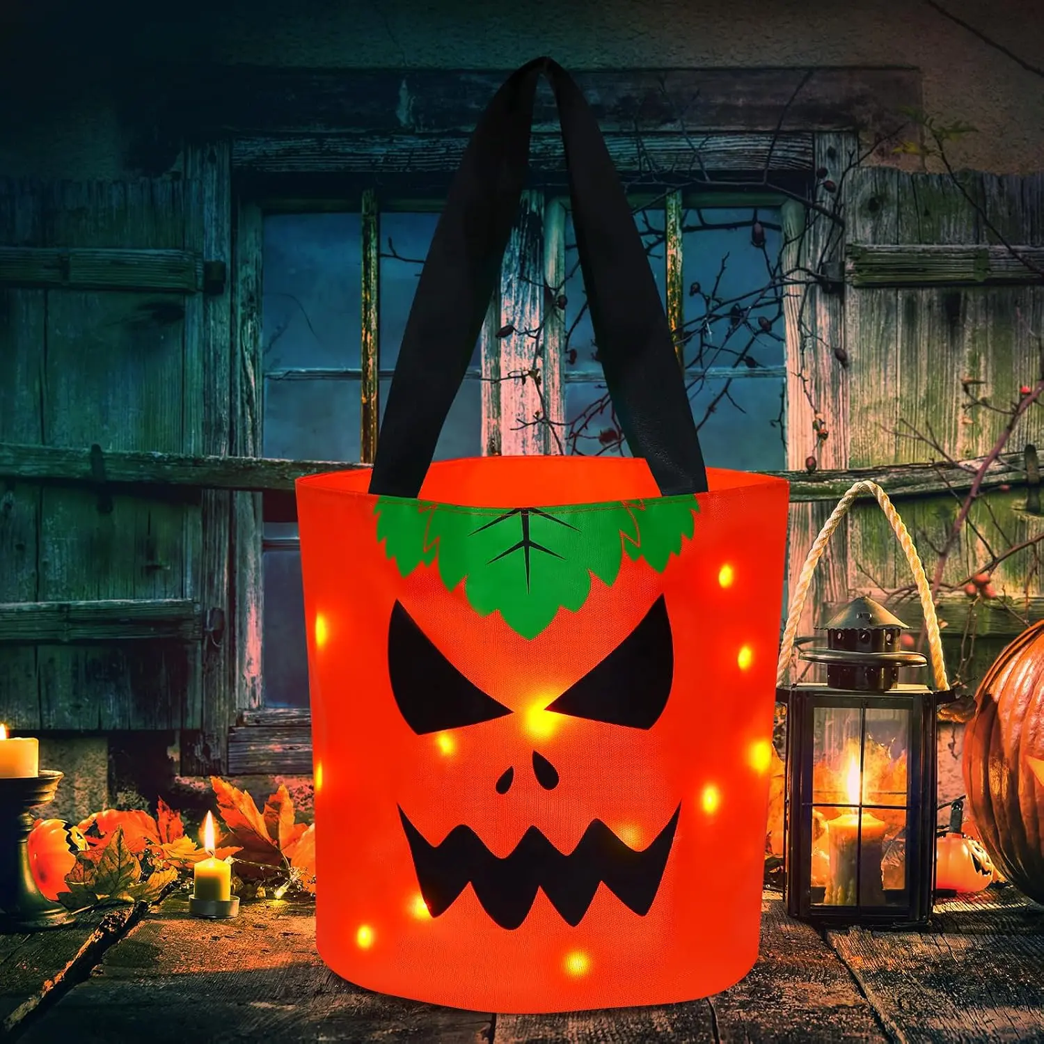 Halloween Trick or  Candy Bags LED Light Up Pumpkin Bucket, Collapsible  Candy Basket, Fabric   Bags for  Halloween Party (Orange)