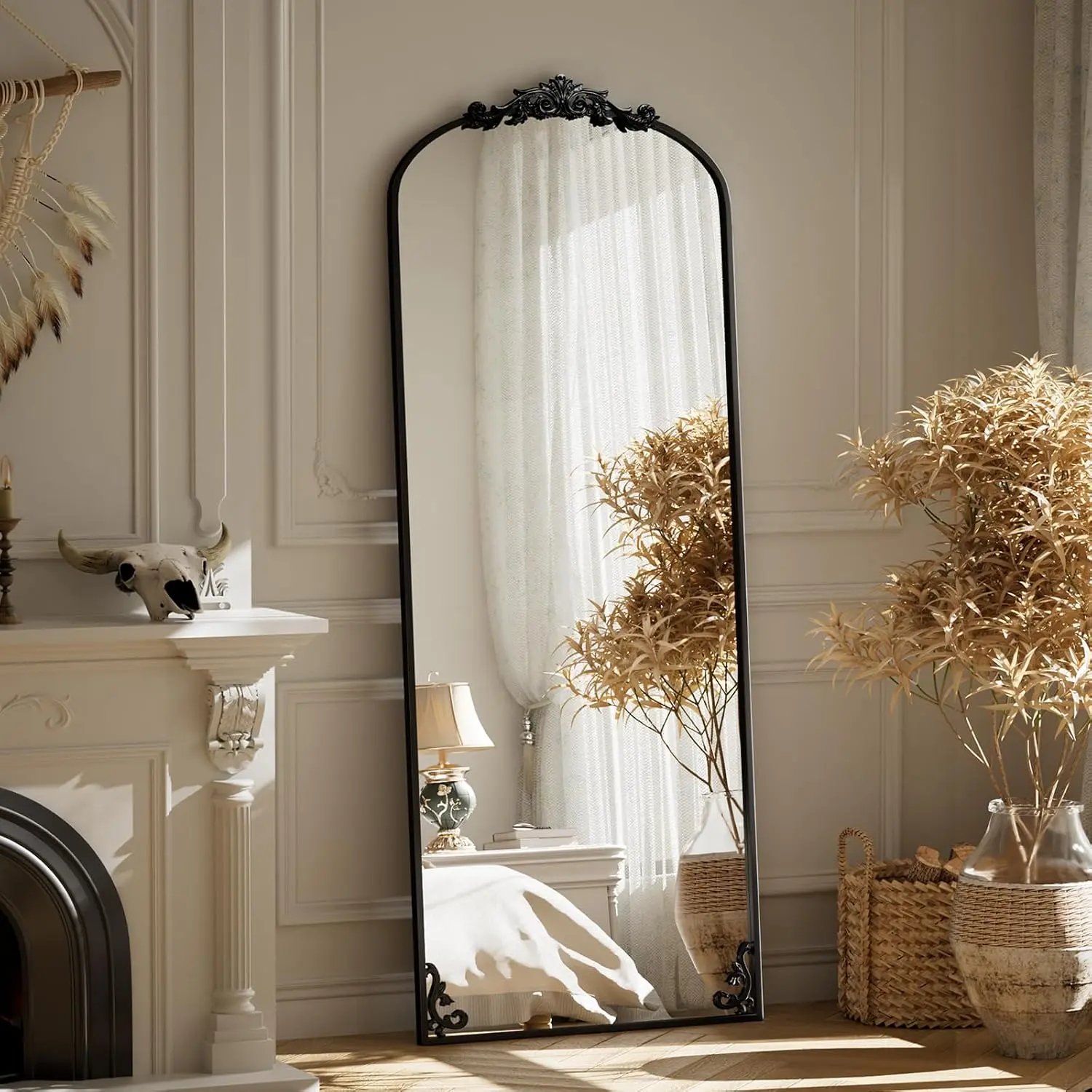 56"x21" Arch Mirror Full Length, Traditional  Ornate Baroque Mirror with Bottom Corner ,  or Leaning for Entryway/Bathroom/Fireplace/Bathroom, Black
