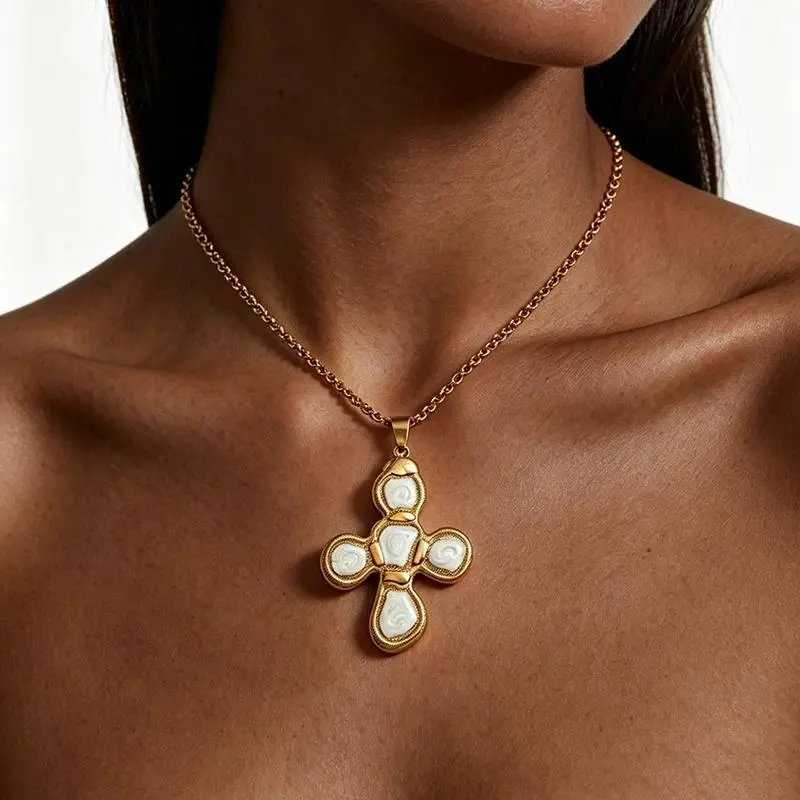 Elegant White Enamel Cross Chain Necklace - Unisex, Allergy-Resistant Stainless Steel with Metal Coating, Spiritual Jewelry with Cross Crystal Charm Pendant for Daily Wear