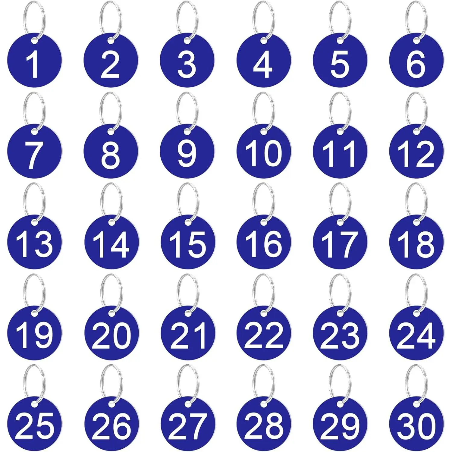 1-30 Plastic Number Tags, 30 count Blue Round Number Tags with Metal Rings 35mm Numbered Keychains Item Identifiers for  Office and Garage Dormitory  House Lockers (Blue)