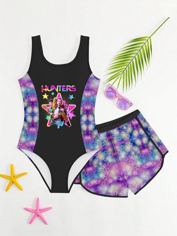 K-Pop Hunter Girl Swimsuit Set, Starry Gradient Two-Piece, Shiny Sweet Cool Separated Swimwear for Women, Tankini With Shorts