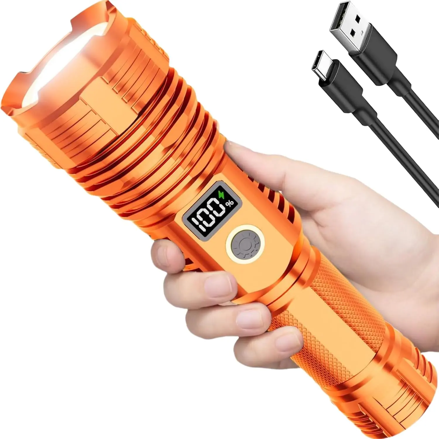 Cylindrical Aluminum Alloy Rechargeable Flashlight - 100000LM High Lumens LED, Zoomable, LCD Digital Display, 5 Modes, Waterproof, USB Power Bank Compatible, Tactical Light for Emergency Users, Outdoor Camping