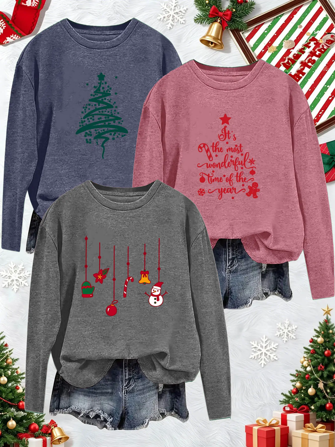 3Pcs Women Crew Neck Long Sleeve T-Shirt, Minimalist Line Christmas Ornament Snowman Text Print, Multi-color Available, Machine Washable, Soft Skin-friendly Spring Autumn Daily Stylish Top
