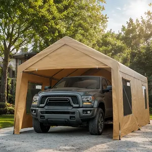 ARCH Heavy Duty Outdoor Portable Garage Carport 12x20ft Ventilated Canopy Shelter with Roll-Up Mesh Windows, Rust Resistant Iron Frame, Sand Color, Includes Wind Ropes Ground Stakes Anchors for Garden Patio, Sand Color Options, Iron Material