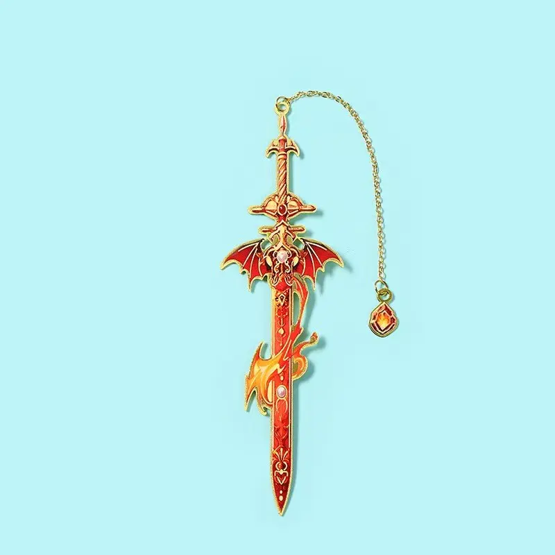 Fantasy Holy Sword Metal Bookmark, Enamel Painted, Intricate Patterns, Devil Wings & Flame Decor, Chain Pendant, Lightweight, Durable, Perfect for Students, Creative Gift