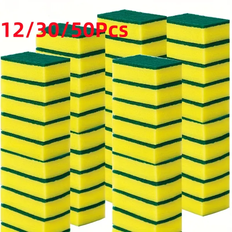 [Double-Sided Scouring Pad] 12/30/50pcs Yellow Green Sponge |   Super Absorbent, Durable, Scratch Resistant, Multifunctional Kitchen Sponge, Dishwashing, Double-Sided Scouring Pad for Kitchen, Wall, Floor, Furniture