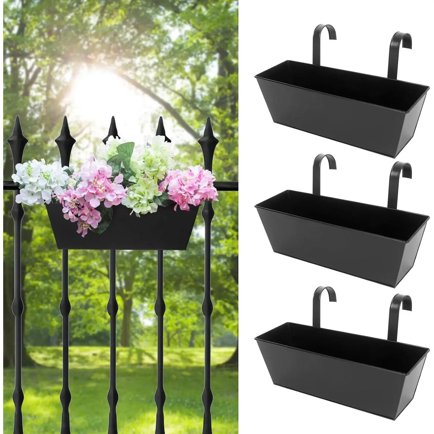 Railing Planters Outdoor Balcony 16 Inch Deck Over The Railing Planter Boxes Hanging Planters for Fence Flower 3 Pcs (Black)