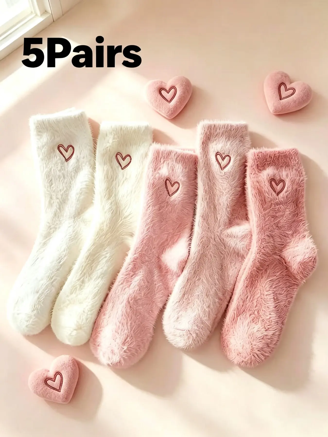 5 Pairs Random Fuzzy Plush Heart Embroidery Crew Socks, Cream White Pink Soft Fluffy Stackable Mid Calf Socks, Warm Cozy Loungewear Casual Socks for Teen Girls Women Home Bedroom Daily Outfits