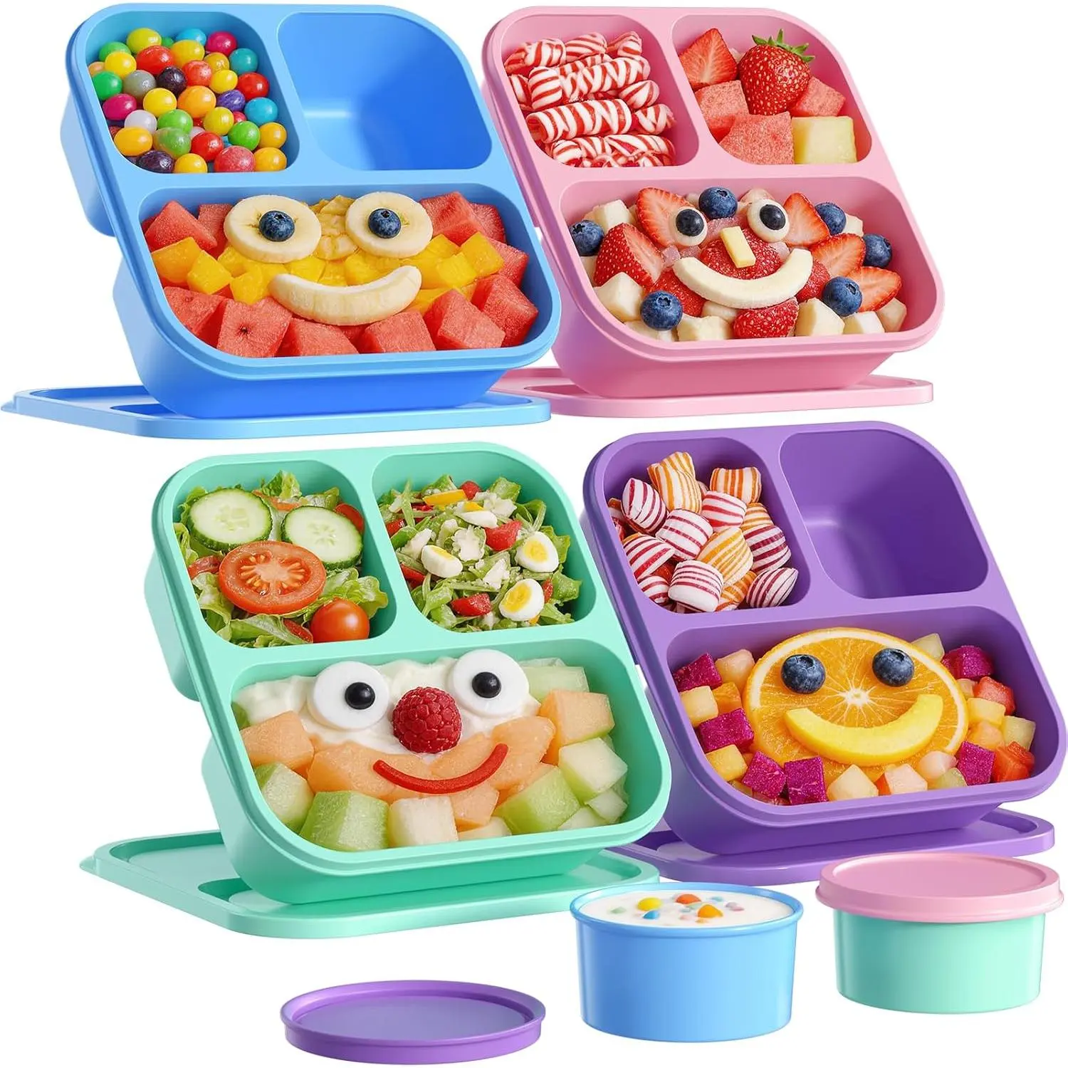 4 Pcs Reusable 3-Compartment Bento Box Set with 2 Leakproof Small Containers, Stackable Healthy Meal Prep Storage Boxes for School, Work
