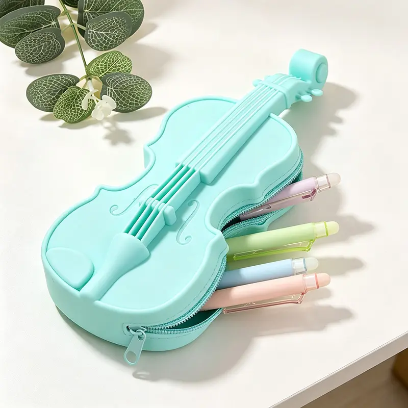 1pc Silicone Violin Pen Bag, Guitar Creative Pen Box Storage Decorative Gift, Cute Stationery Cosmetics Box, Silicone Zipper Pencil Bag, Silicone Makeup Pouch, Toiletry Cosmetic Pouch Organizer
