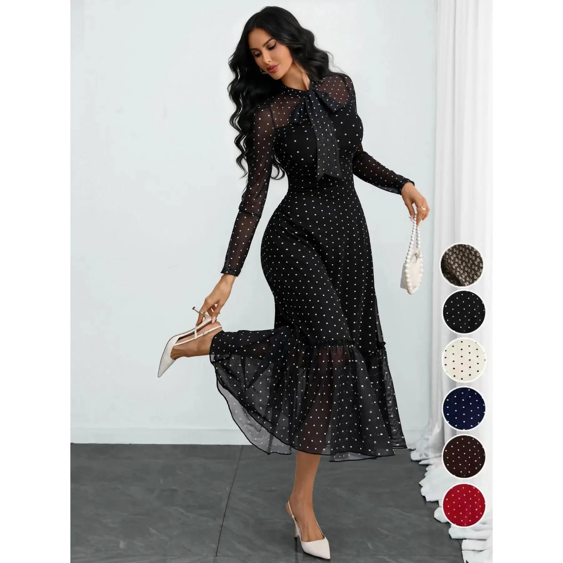 1Women's Elegant Vintage Polka Dot Sheer Mesh Printed Bow Tie Formal Office Siren Dress, Stylish Workwear, No Belt Included, Perfect for Business
