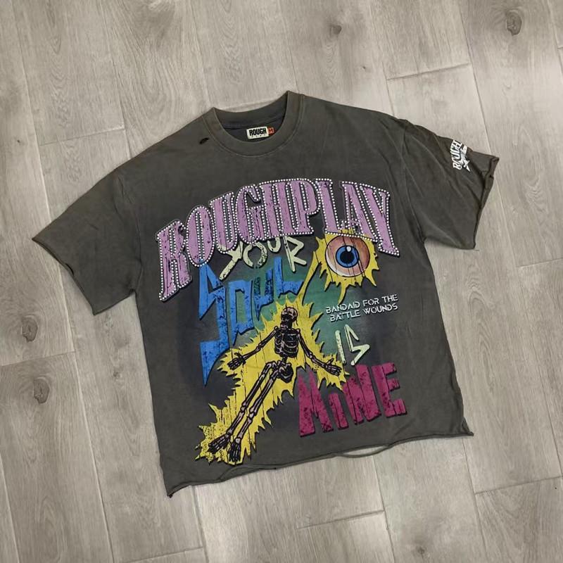 Vintage Washed Roughplay T-Shirt, Heavyweight White Ink Jesus Skull Print, Retro Rockabilly Bling Diamond Patchwork, American Hip Hop Unisex Streetwear Short Sleeve Cotton Tee