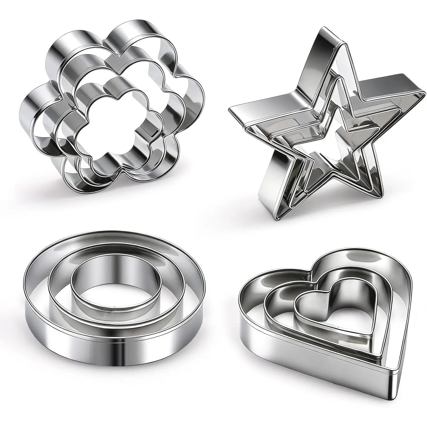 12 Pcs Professional Stainless Steel Cookie Cutters Set - Heart, Flower, Circle, Star Shapes Metal Biscuit Cutter for Pet Cheese, Fruit, Meat Prep, Essential Kitchen Baking Tools for Dough