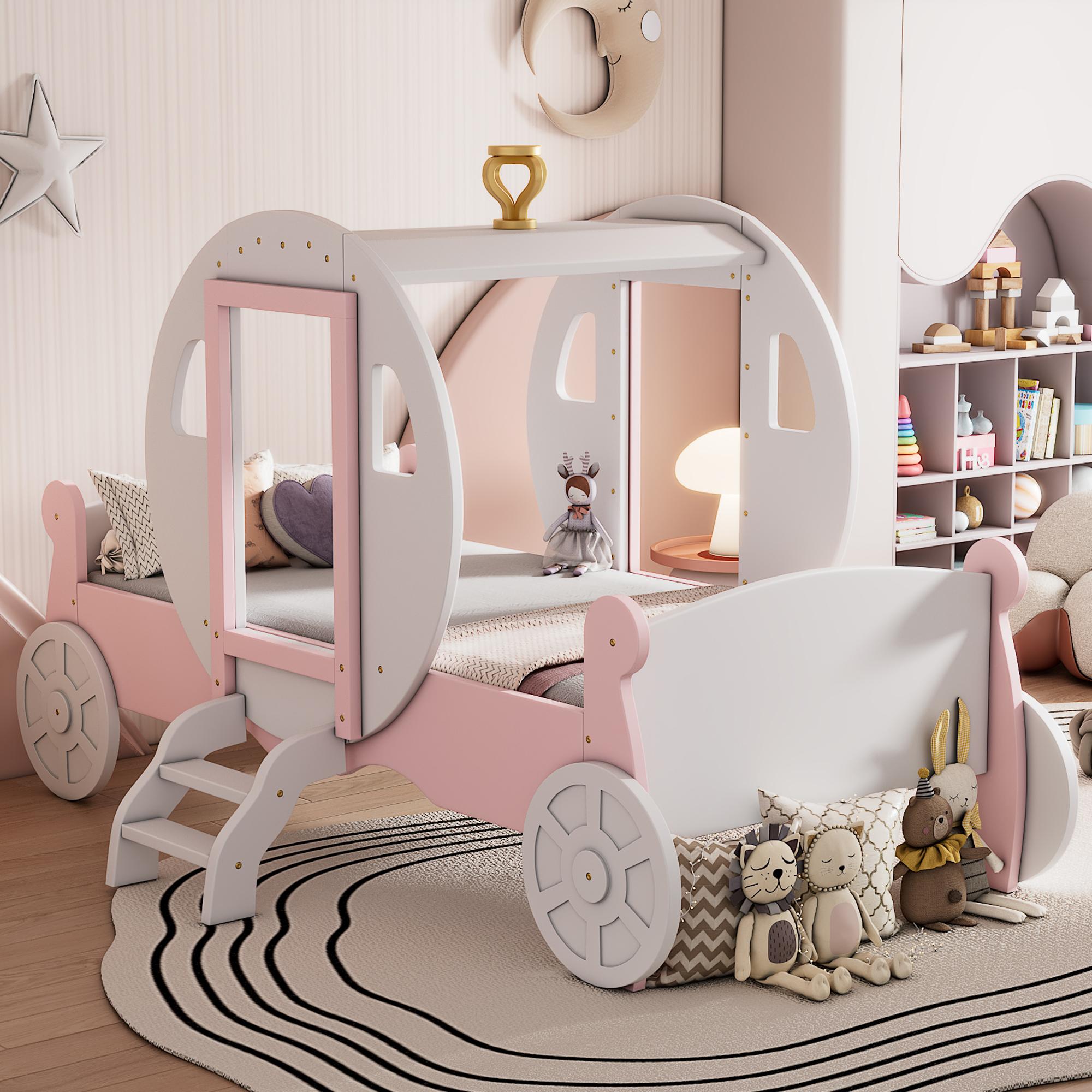 [Bellemave]Twin size Princess Carriage Bed with Crown ,Wood Platform Car Bed with Stair,White+Pink (old sku HL000054AAK)