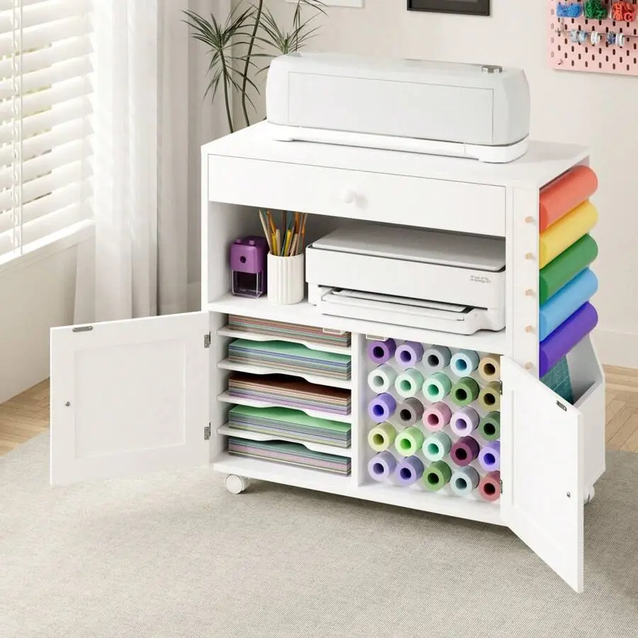 Functional Craft Organizer Storage Cart with Lock Wheels - Cutting Machine-Compatible Workstation, Storage Cabinet with Drawers, 30-Vinyl Roll Holder, Ideal Gift for Home Craft Rooms, Vinyl Holder