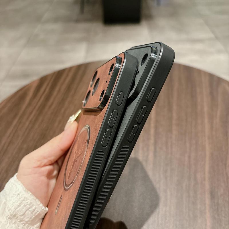 OREKROY Elk Deer Design PU Leather Phone Case For iPhone 17 16 15 14 13 12 Pro Max Shockproof Magnetic Bumper Case Compatible with Mag Safe Wireless Charging Anti-Scratch Camera Protection