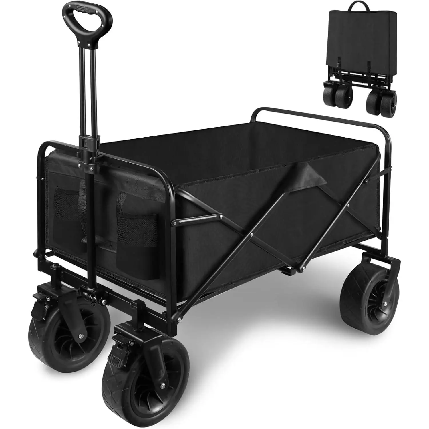 Collapsible Folding Wagon Cart, Large Capacity Outdoor Wagon Garden Cart with All-Terrain Wheels & Side Pockets, Heavy Duty Utility Beach Cart  Camping, Picnic, Fishing Activities, Black