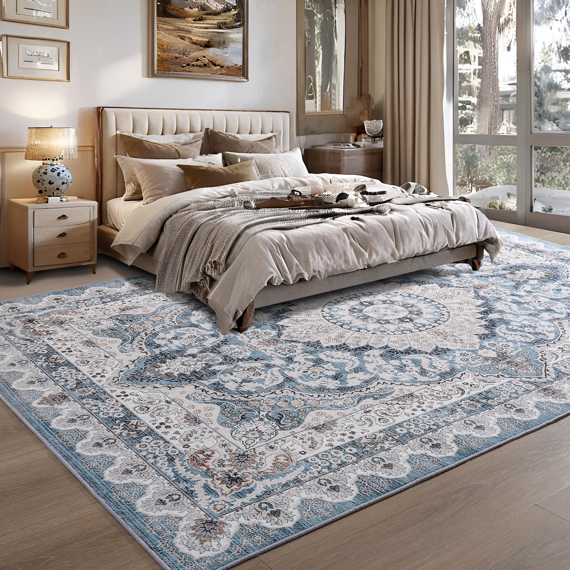 8x10 Area Rugs for Living Room, Machine Washable Vintage Rug, Non-Slip Low Pile Throw Rugs with Rubber Backing Washable Carpet for Bedroom Dining Room Kitchen Home Decor, Blue, Purple, Brown, Green,4x6, 5x7, 6x9, 8x10 Feet