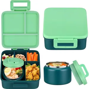 Flat Bento Box with 8oz Soup Bowl, Leak-Proof, Four Compartments, Two Food Dividers, Ideal for Meal Prep and On-The-Go Eating