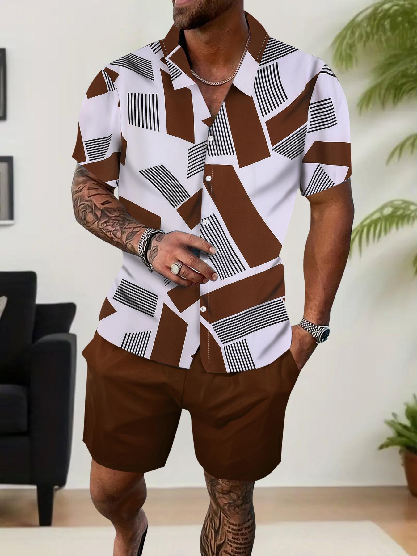 Men's Geometric Print Top & Drawstring Waist Shorts Loungewear Two-piece Set, Regular Fit Relaxed Casual Comfy Short Sleeve Top & Pocket Shorts Set, Men's Sleepwear for Summer, Pajamas