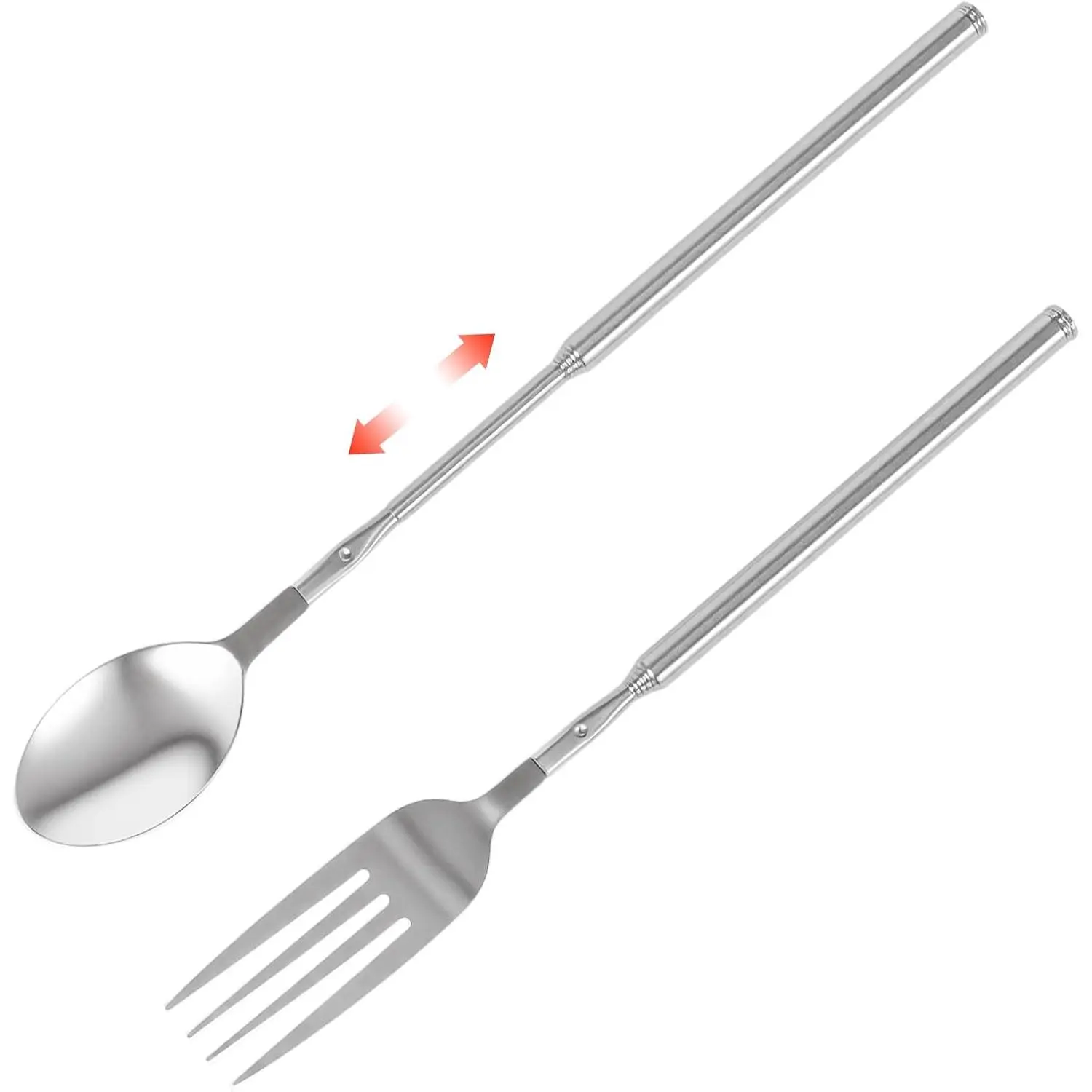 Extendable Fork Spoon Set, Adjustable Stainless Steel Fork and Spoon, Long Handle Retractable Tableware Extended to 25 Inch, 2 count Camping Flatware for Fruit Dessert BBQ