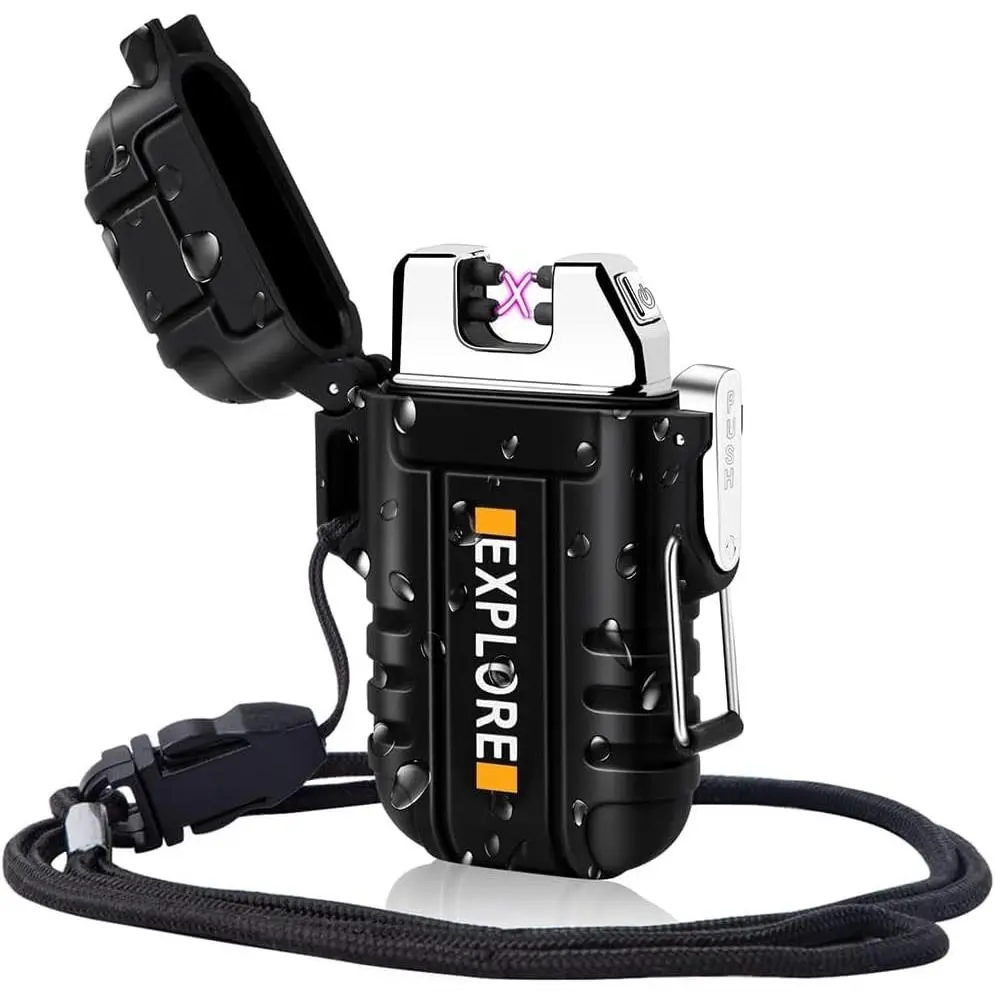 Rechargeable Dual Arc Plasma Lighter Waterproof Windproof Flameless Electric Lighter USB Charging for Camping Hiking Hunting Tactical Survival Gear Gifts for Men