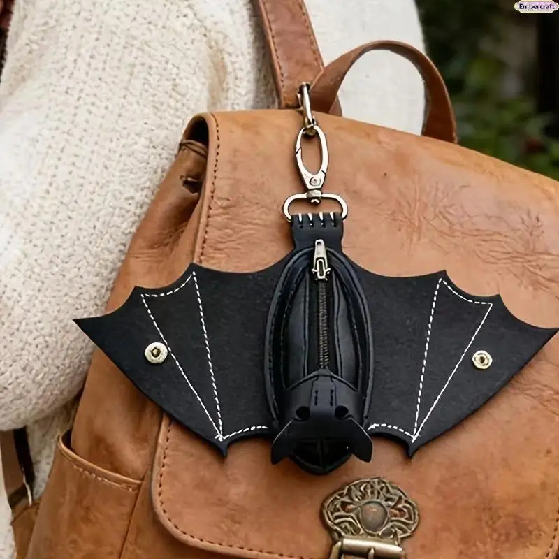 Gothic Bat Shape Leather Wallet Keychain, Kawaii Cute Coin Zipper Pouch, Alt Fashion Bag Charm for Halloween Cosplay, Female Gifts, Mini Bag Charm, Zippered Coin Purse, Halloween Aesthetic, Bat Wallet, Zippered Pouch
