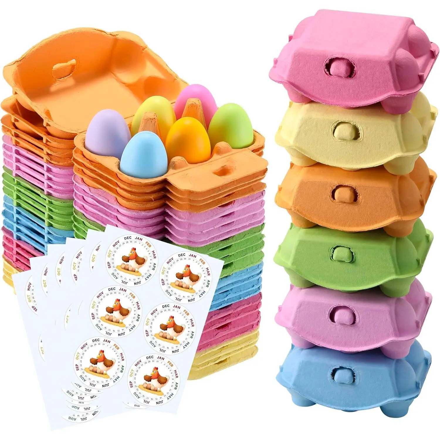 30 Pack Half Dozen Egg Cartons - Colorful Blank Reusable Natural Pulp 6-Count Egg Holder for Chicken Eggs, Cardboard Easter Egg Storage Container Basket with 30 Labels