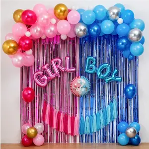 Boy Or Girl Gender Reveal Party Decoration Set,&Balloons Arch Garland Kit,Foil Balloons,Curtains,Paper tassel Garland,Balloon decoration tools,For Party Photo Backdrop (Pink/Blue) Shower Birthday