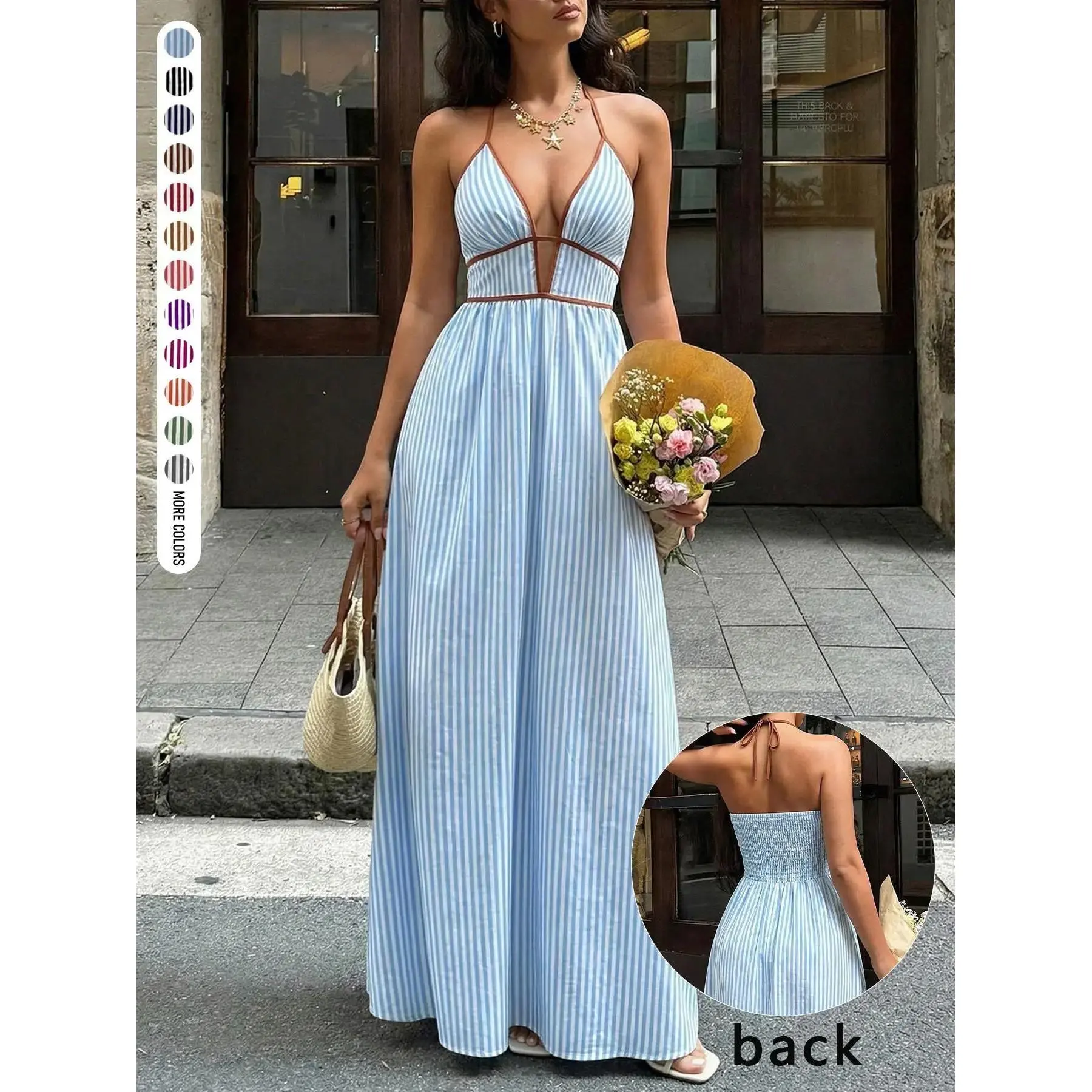 Women's Summer Vintage Chic Striped Cutout Backless Tie Neck Deep V Maxi Dress, Casual Elegant Sleeveless Fitted Dress for Home Outdoor City Womenswear Casual Fashionable Dress