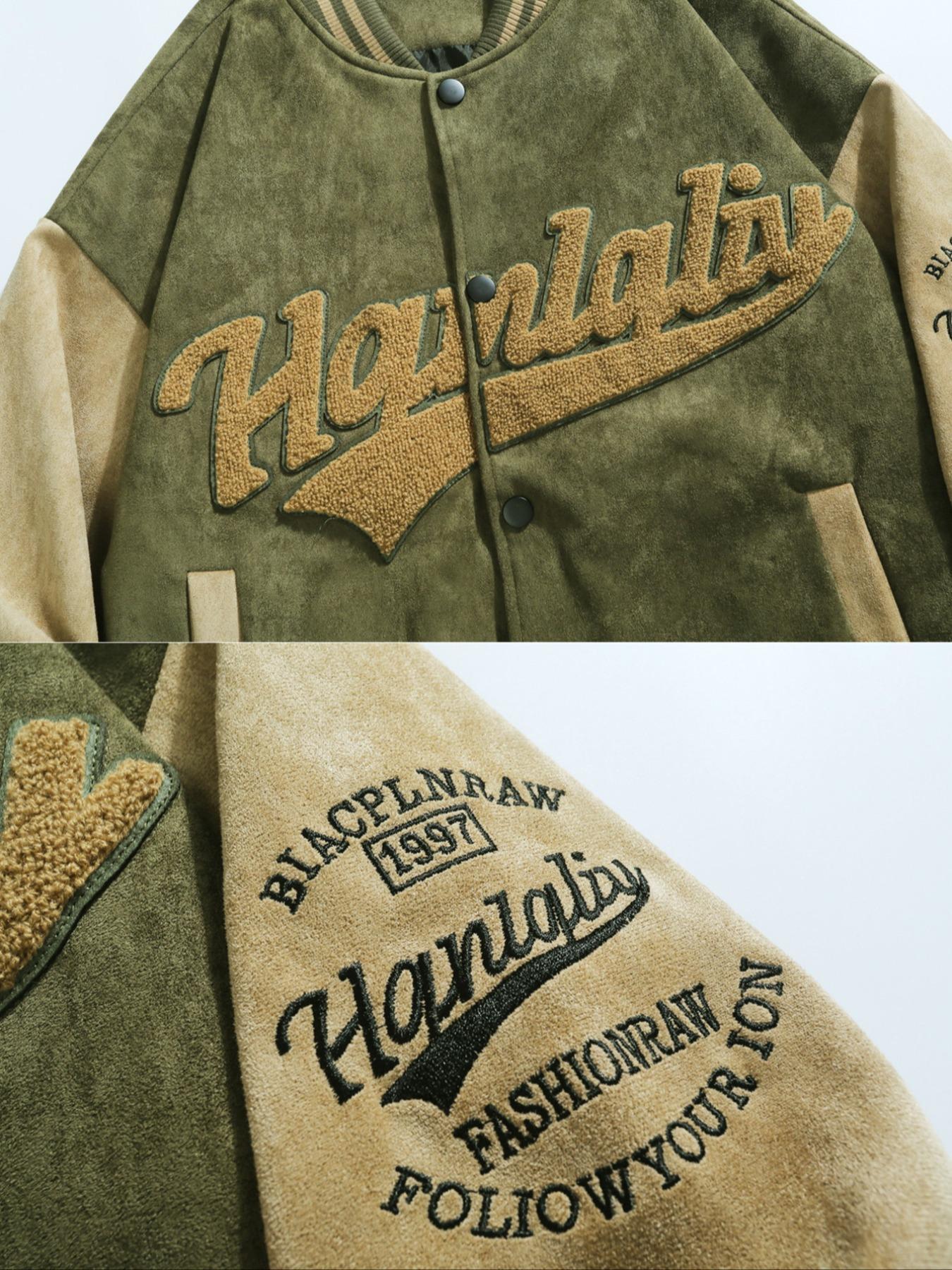 Men's Patchwork Letter Embroidery Button Front Vintage Varsity Jacket, Casual Drop Shoulder Long Sleeve Baseball Collar Outerwear for Fall & Winter, Men's Clothes for Daily Wear