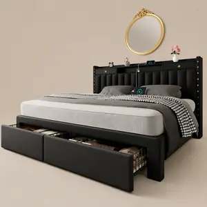 TryLazy Furniture Bed Frame with 4 Drawers and 2 USB & 1 Type-C Charging Ports, No Mattress, Upholstered Platform Bed Frame with Storage Headboard Bed Frame,No Box Spring Needed Required Easy Assembly,Full/Queen/King