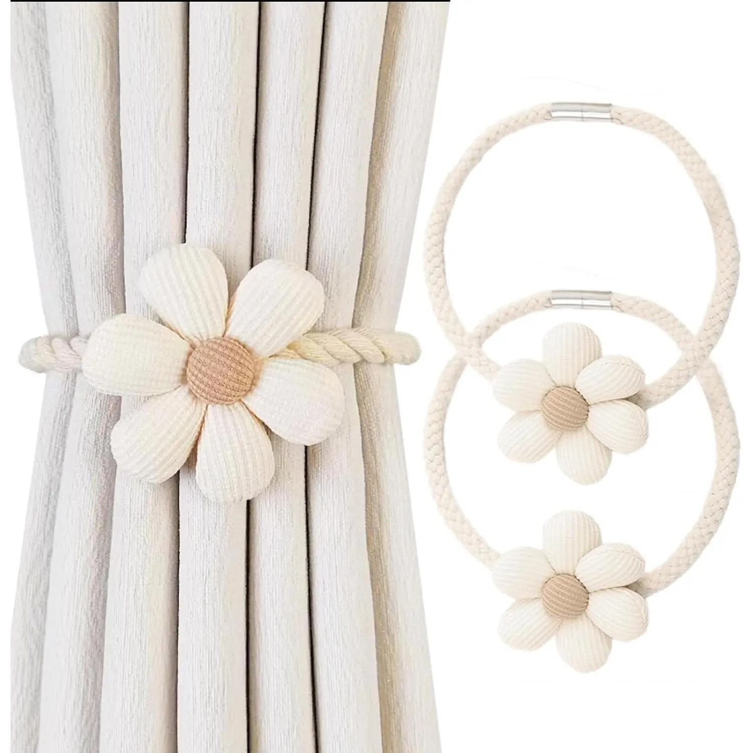 Curtain Tiebacks, 2 Pack Window Curtain  Holdbacks Tie  Holders with Weave Twist Rope for  Bedroom Office Indoor & Outdoor Decorative Boho Flower Cream Beige