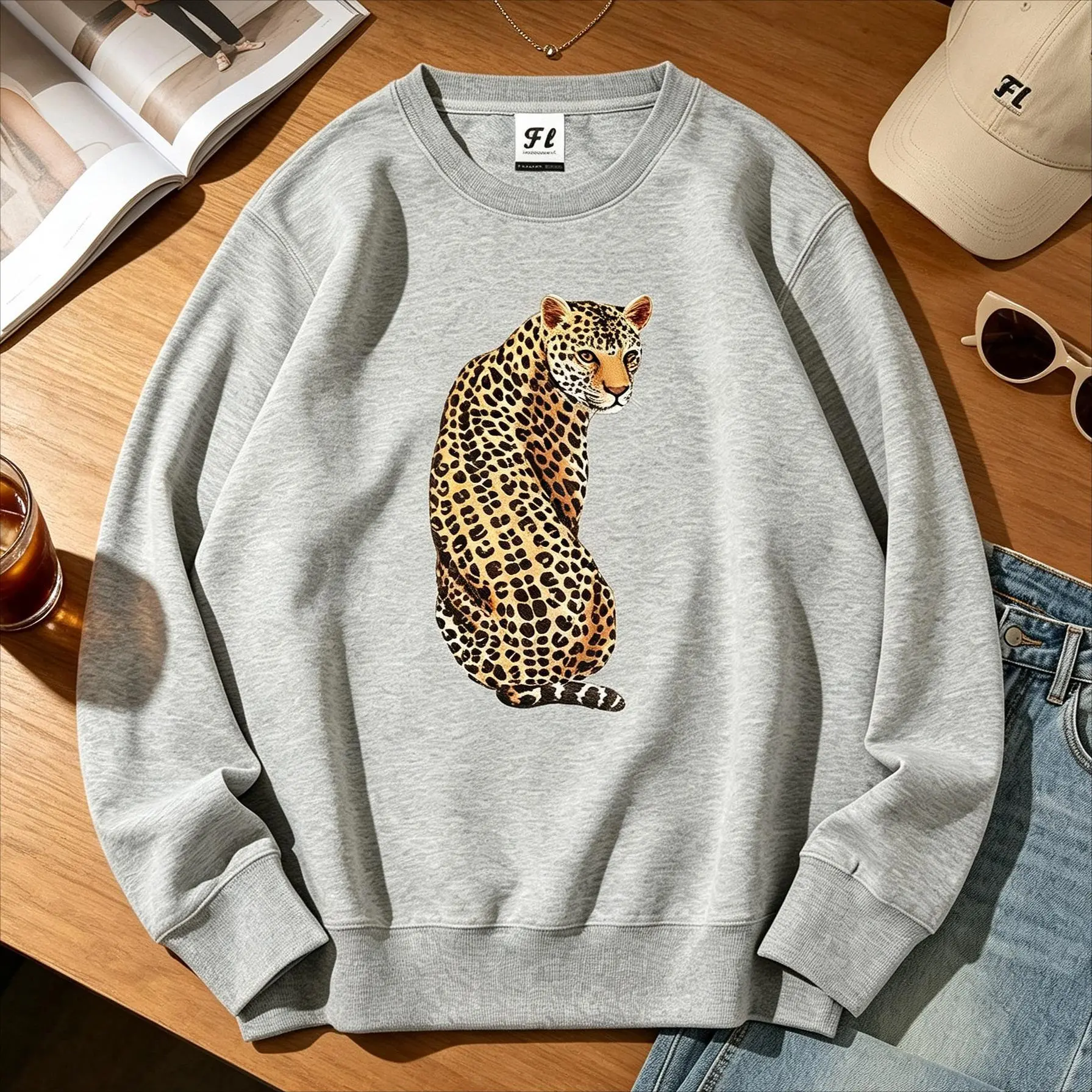 Leopard Sweatshirt, Large Graphic Printed Leopard Image Sweatshirt, Boho Style Leopard Tee, Jungle Sweatshirt, Animal Sweatshirt Trendy Sweatshirt Leopard,For Women Realistic Spotted Leopard Print Oversized Long Sleeve Wild Animal Aesthetic