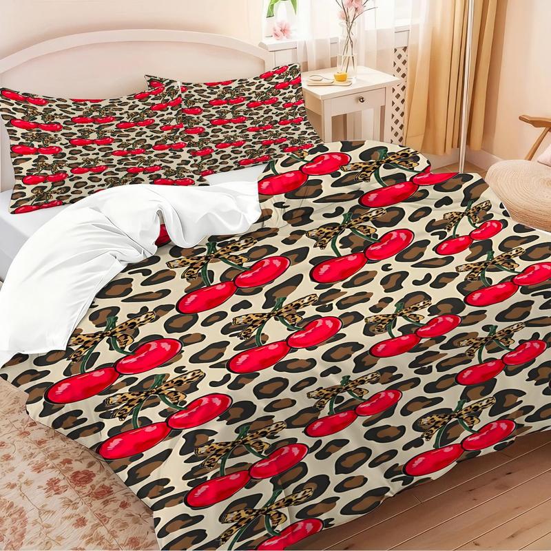 2/3Pcs Leopard Print Cherry Pattern Duvet Cover Set , Retro Sweet and Cool Girl Style Bedding Set, Wild Tension, Sweet Vitality, Full of Retro Sweet and Cool Bedroom Atmosphere, Including 1 or 2 Pillowcases - No Padding/Zipper Closure