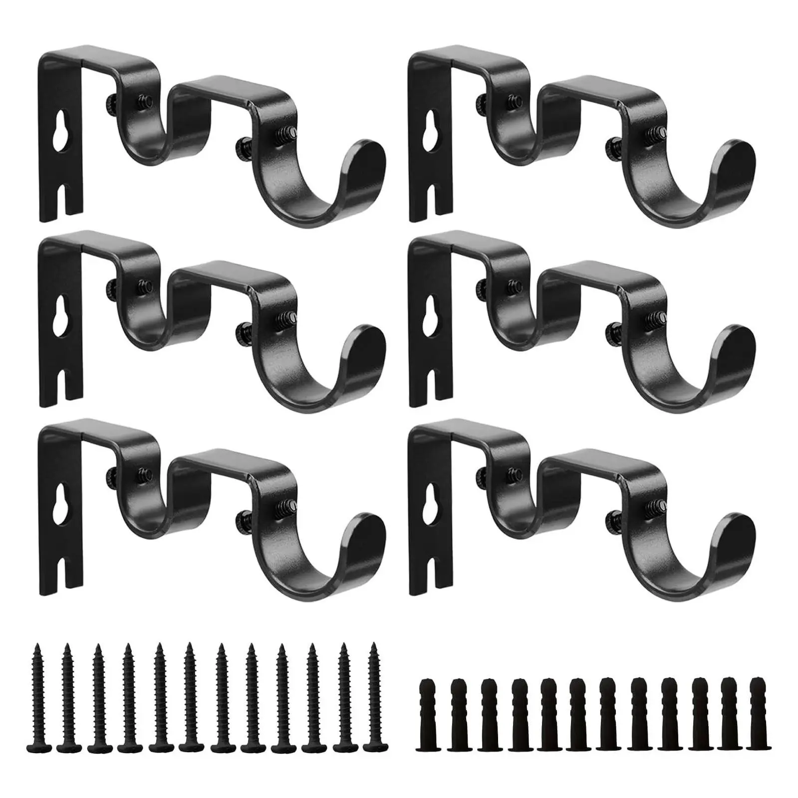 Double Curtain Rod Bracket 6 Pack, Metal Wall Mounted Curtain Rod Holders for 1 Inch Rods, Black Sturdy Brackets for Bedroom Living Room PatioGift
