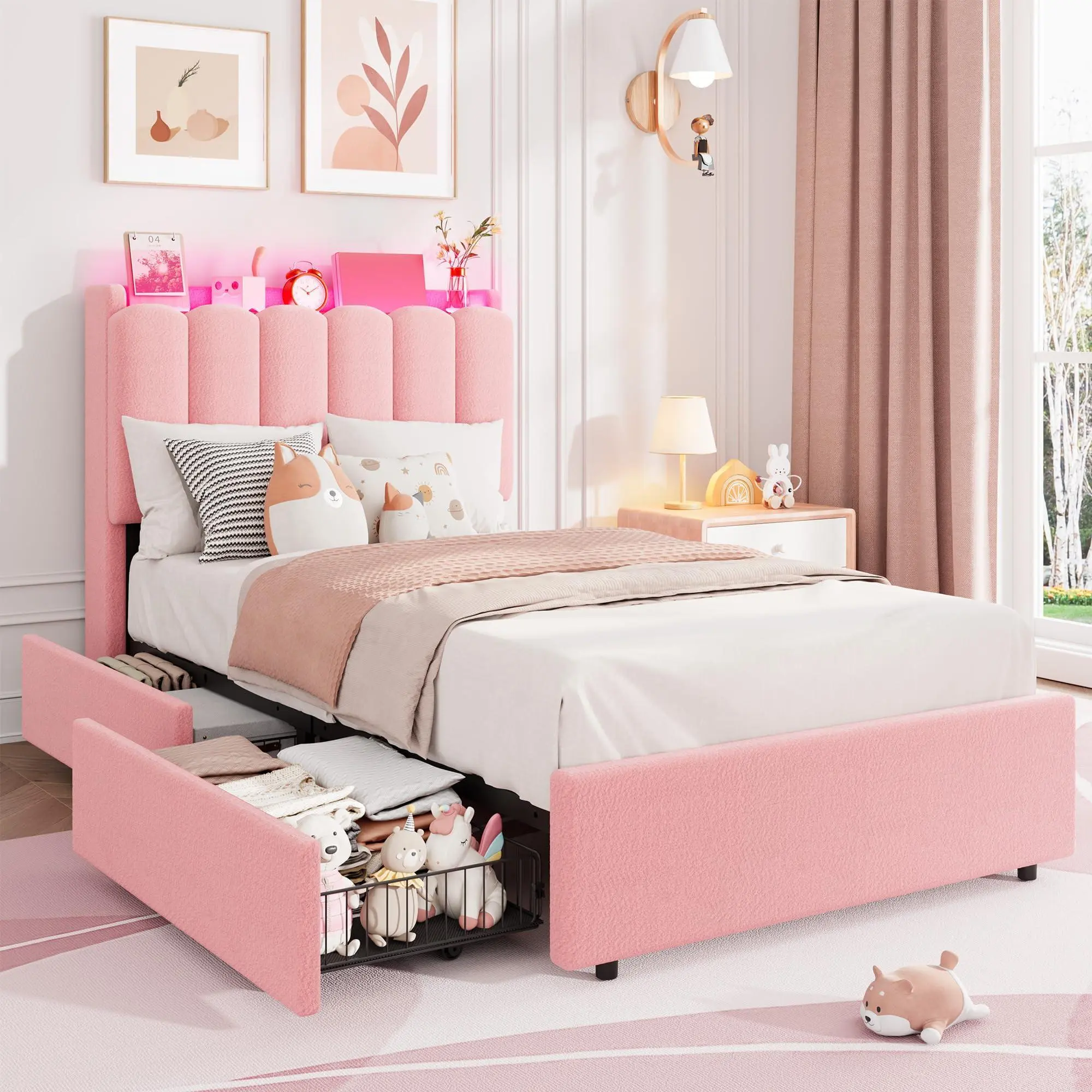GARVEE Boucle Fabric Cozy Twin Bed Frame with LED-RGB Lights, Storage Headboard with Bookcase, 2 Drawers, Upholstered Wavy Platform Bed for Girls, No Box Spring Needed, Pink