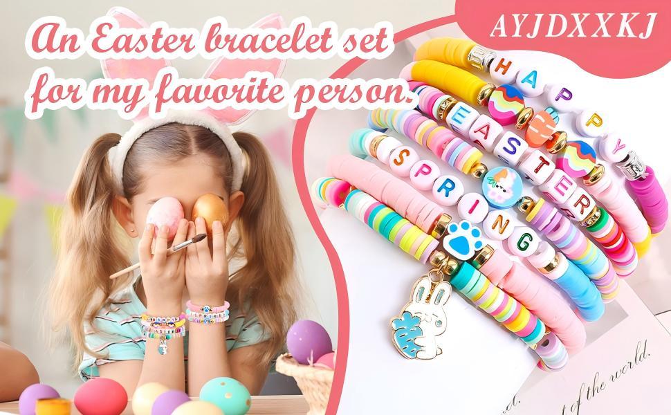 7 Pcs Easter Bunny Beaded Bracelet Set - Stackable Polymer Clay Heishi Stretch Bracelets with Bunny Carrot Egg Charms, easter bracelet bunny bracelet for gir, Easter Spring Jewelry Gifts for Teen