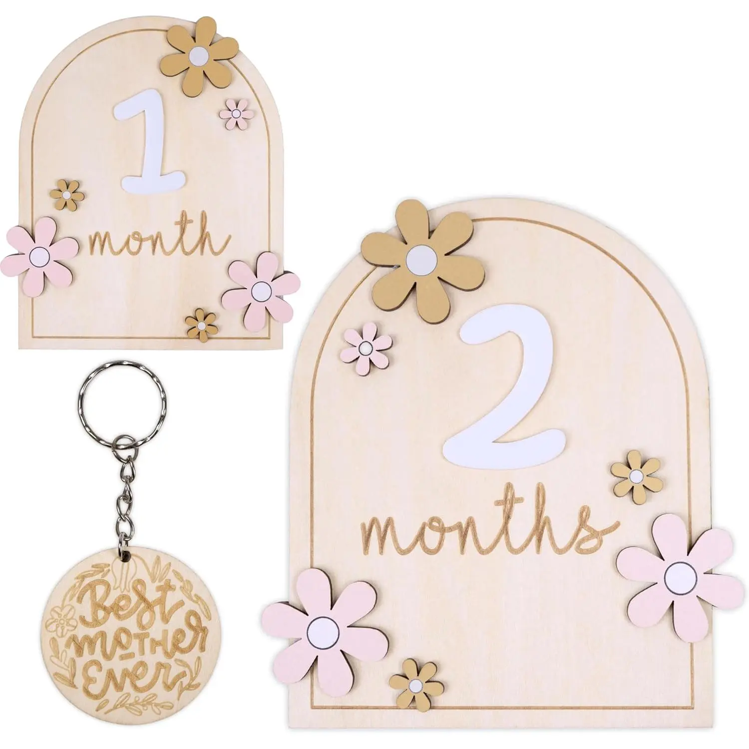 Gender Neutral Baby Growth Decor Floral Double-Sided Wooden Number Circle Set - 1-12 Monthly Milestone Photo Props & Announcement Cards (Flower)