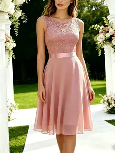 Elegant Chic Sleeveless Lace Chiffon Bridal Shower Dress with Satin Waistband, Perfect for Bridesmaid, Engagement, Parties, Stylish and Comfortable