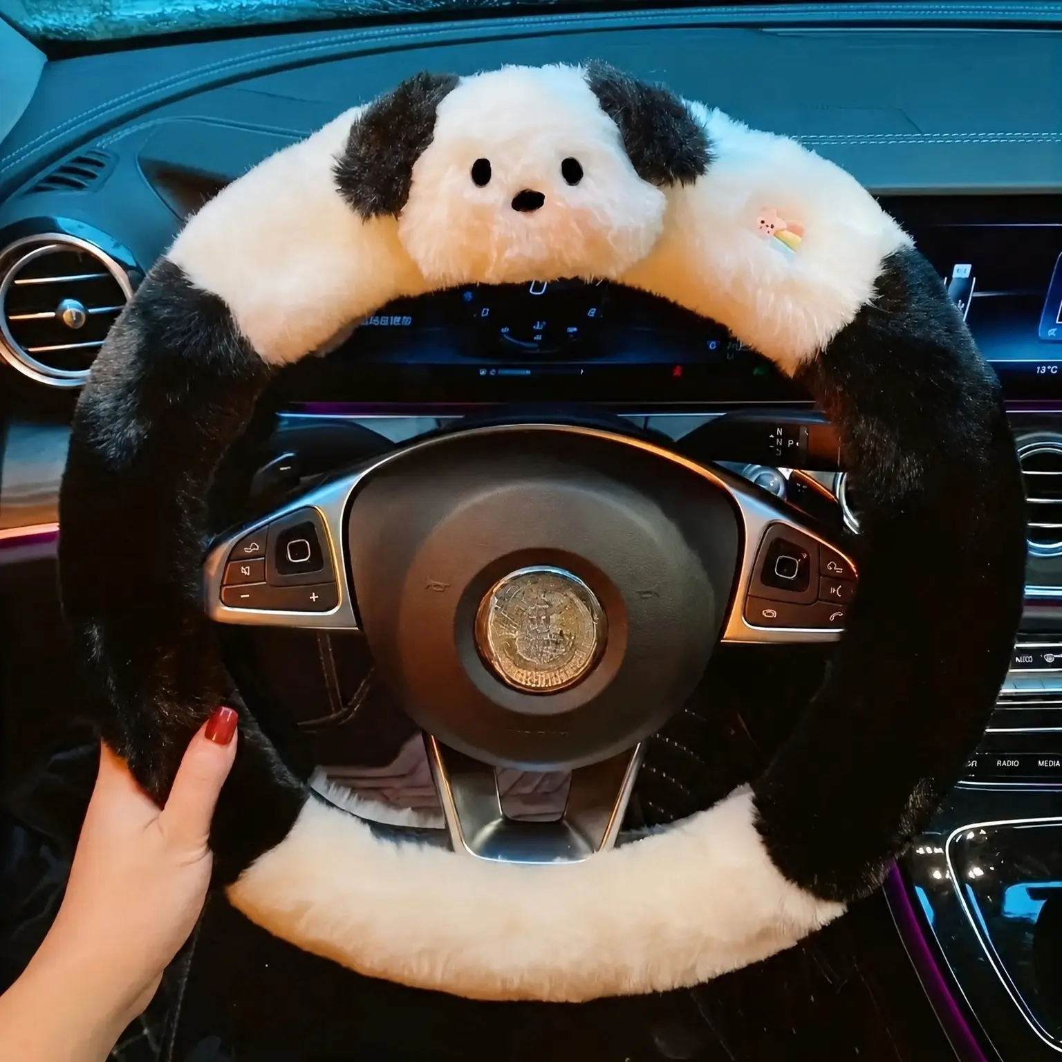 1 Plush Car Steering Wheel Cover - Cute Rhino Dog Design, Soft Touch, Comfortable Driving, Durable Upgrade for Car Interior Decoration